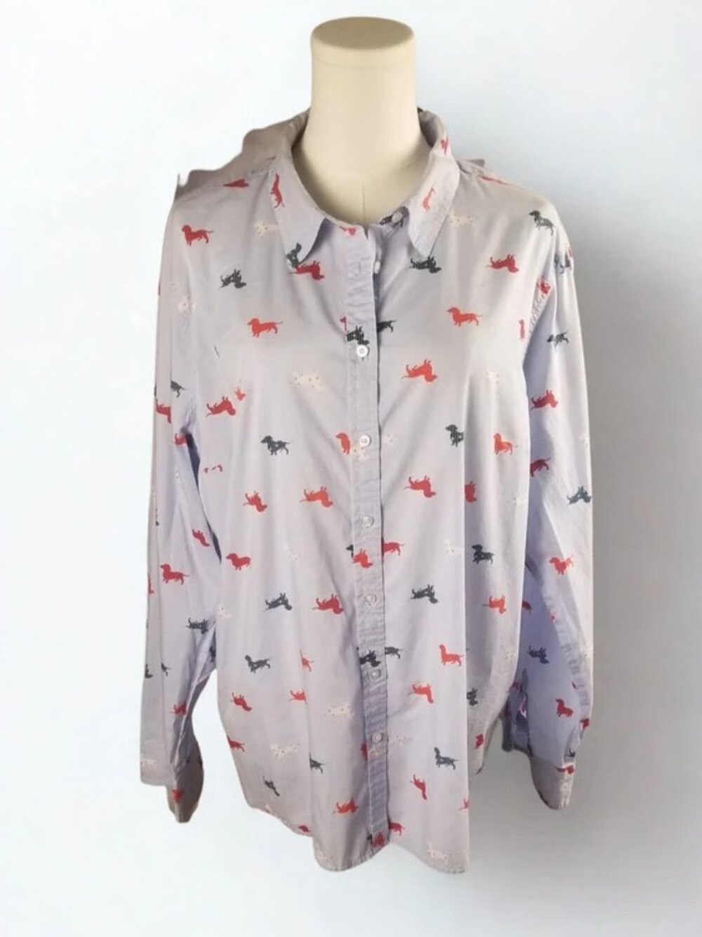 Talbots Petites XL Button Down Shirt Dachshund Dog Print Cotton Blue Red XLP